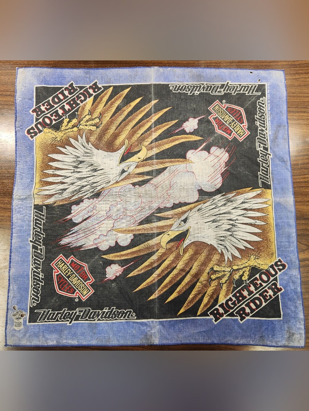Vintage Harley-Davidson "Righteous Rider" Dual Eagle Blue Bandana